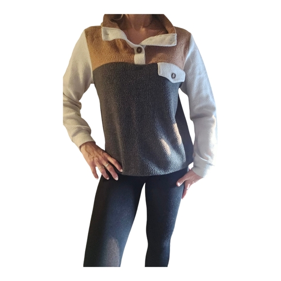 Womens Green & Tan Fleece Colorblock Mockneck Sweater Sz M Equestrian Preppy - Picture 2 of 6